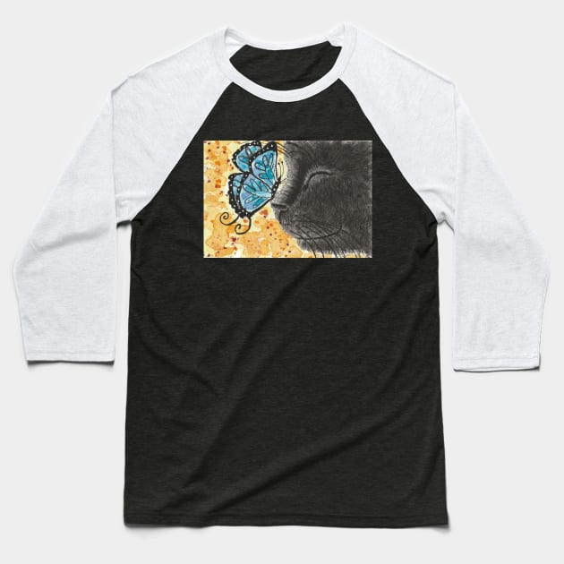 Black cat blue butterfly art Baseball T-Shirt by SamsArtworks